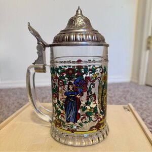 Colorful Glass Beer Stein with Pewter Lid